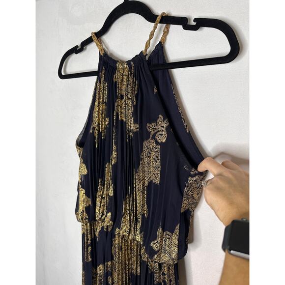 VTG Cache Maxi Dress Halter Blue Gold Foil Floral Printed Pleats Formal Gown 2 - Picture 5 of 9